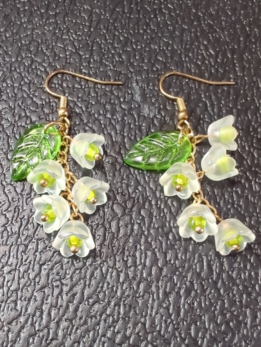 Lilly Of The Valley Floral Dangle Earrings Goldtone & Acrylic